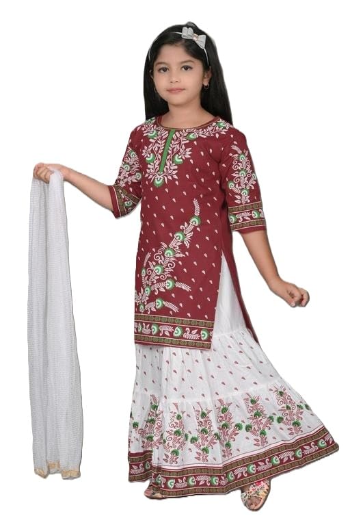 Image of Girls Cotton Anarkali Kurta Skirt with Dupatta Set, Embellished Three Quarter Sleeve Ethnic Outfit