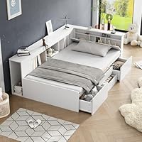 Laxnb 3ft Single Bed Children's Bed Frame 90x190 cm, Multifunctional Bed with Large Storage, Drawers Bookcase and Storage Cupboard, Storage Bed Frame Platform Bed, White, No Mattress