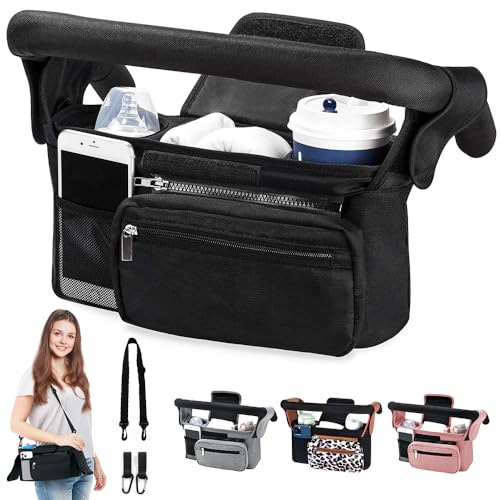 HINATAA Buggy Kinderwagen Organizer, Baby Kinderwagen Tasche mit 2 Getränkehalter, Buggy Organizer Kinderkarre mit Schultergurt & 2xSecure Hooks, Kinderwagen Zubehör mit Reißverschlusstasche (Schwarz)