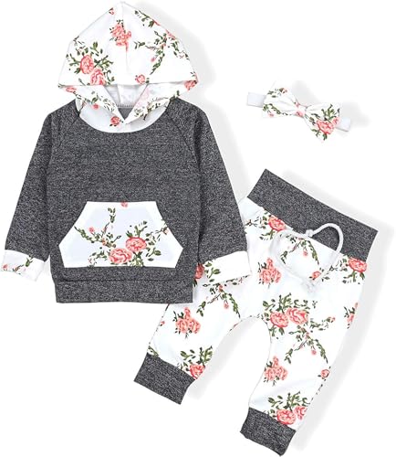 Image of oklady Baby Girl Clothes,Hoodie Tops Floral Pant with Cute Headband Baby Girl Fall Outfits
