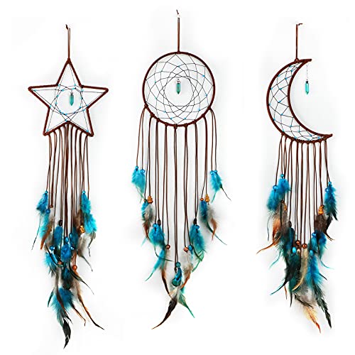 3 Pieces Dream Catcher Moon Sun Handmade Traditional Design for Wall Hanging Home Decoration (Dark Blue)