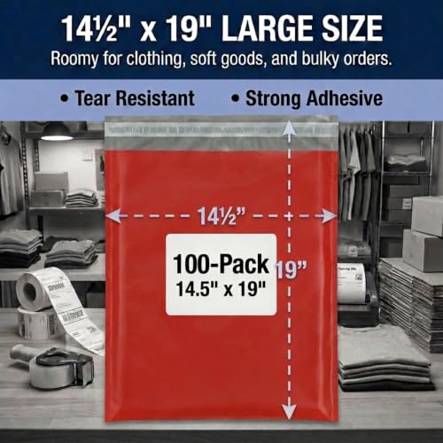 Image of BOX USA Shipping Bags 14 x 19 (100-Pack) Red - Large Heavy Duty Self-Adhesive Envelope Poly Mailers for Packing