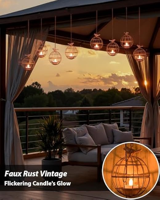 Outdoor Solar Hanging Lantern Lights, 4 Pack Rustic Ball Birdcage Hanging Candle Holder with Solar Tea Lights, Waterproof Chandelier for Tree, Pergola, Patio Decor (4)