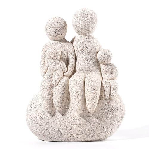 Image of Family of 4 Figurines - Resin Hand-Painted Parents and Kids Beige Abstract Sculpture- Heartwarming Holiday Ornaments Home Tabletop Shelf Gift Decor 8.5" H 6.5" W