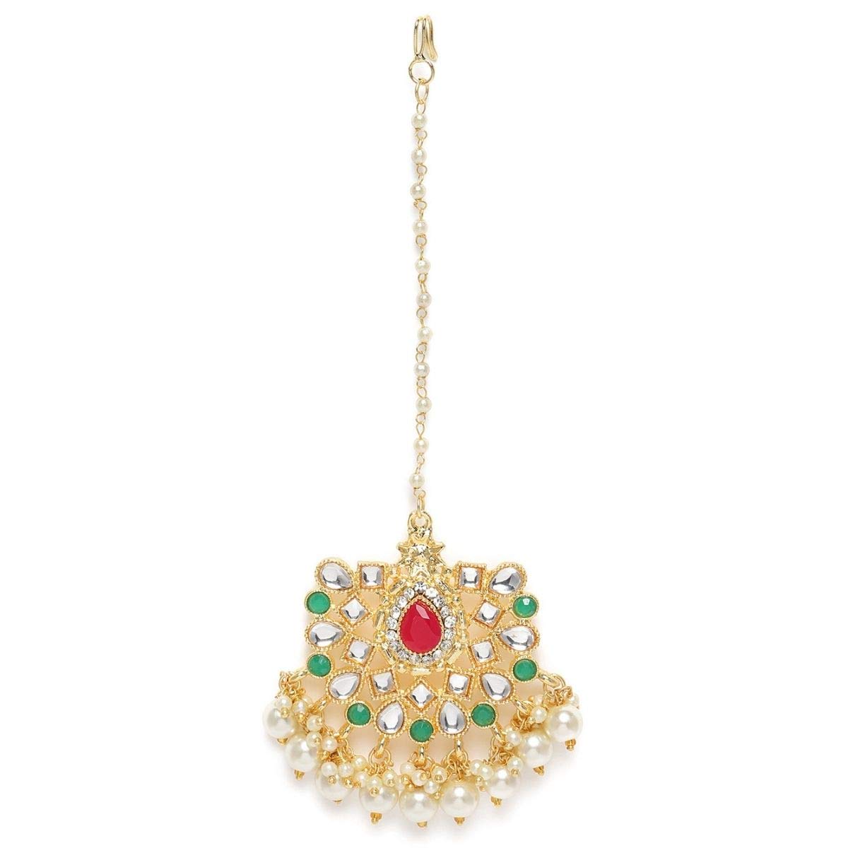White & Green Brass-Plated Kundan-Studded Handcrafted Maangtikka For Women And Girls | Gifting for Karwachauth |-image-3