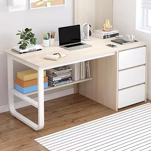 Escritorio de computadora con cajones y estantes de almacenamiento, escritorio moderno para oficina en casa, estudio, escritura para dormitorio, mesa pequeña de esquina de madera para PC con base de
