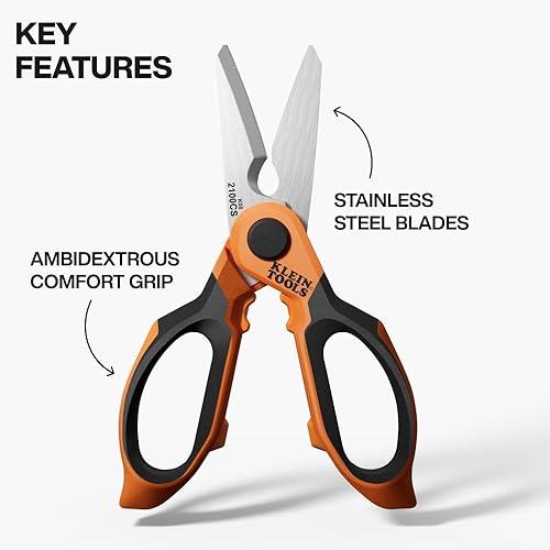Miniatura 7 de Klein Tools 2100FO Tijeras de electricista de acero inoxidable con hoja dentada y pelacables, tijeras compactas para corte de cables y alambres, 6