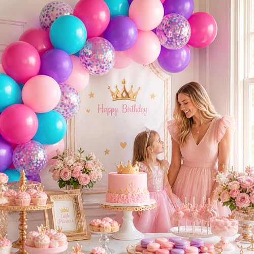 Image of Pink Purple Balloons, 50Pcs 12 Inch Teal Blue and Confetti Latex Balloons | Pink and Purple Mermaid Balloons for Girl Women Birthday Baby Shower Ocean Theme Under the Sea Party Decorations
