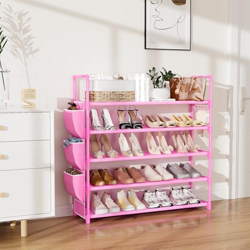 Image of VILICK Shoe Rack for Closet Shoe Organizer Space Saver Storage for 20-25 Pair Shoe Shelf with Hook and Side Pocket Free Standing 5 Tier Shoe Rack Organizer for Entryway,Small Spaces, Pink
