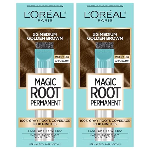Image of L'Oreal Paris Magic Root Permanent Hair Color Kit, 100% Gray Hair Coverage In Just 10 Minutes, Precision Brush Applicator for Seamless Application, 5G Medium Golden Brown (2 Count)