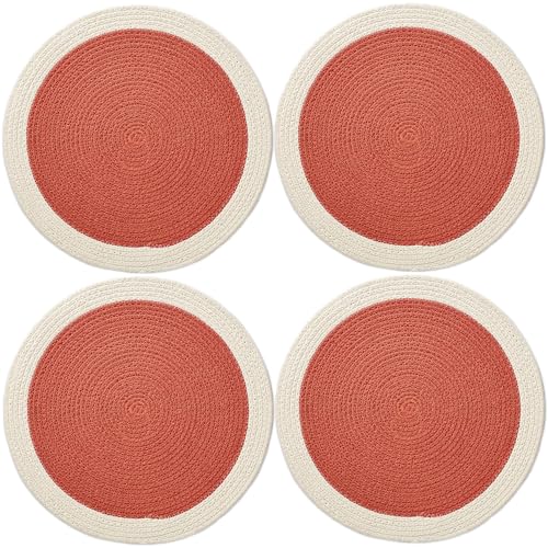 Image of Dining Table Mats Set of 4 | Cotton Table Mat 32 cm Diameter, Encasa XO Washable Round Table Mats, Heat Resistance Dining Table Placemats, Handmade Ribbed Style for Centre Table, Coral & Off White