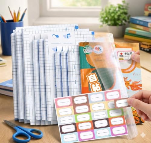 Image of Transparent Self-Adhesive Waterproof Book Cover Film, 30 Pcs - 3 Sizes (10 Each) for Office, School Textbooks Protective Case with 30 Pcs Free Name Stickers
