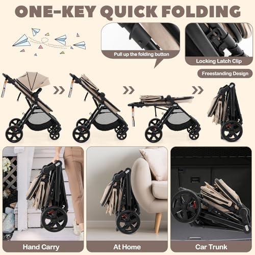 BABY JOY High Landscape Baby Stroller, 3 in 1 Convertible Baby Pram Jogger with Adjustable Canopy & Backrest, Anti-Shock Toddler Folding Pushchair with Storage Basket & Aluminium Frame, Portable Baby Prams and Strollers for 6-36 Months (Beige) - Image 5