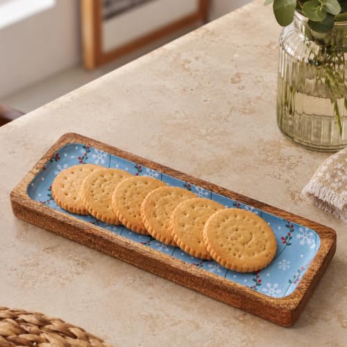 Image of Bluetiful Bites Serving Platter | Blue Enamel Finish Mango Wood Platter | Multipurpose Platter for Snacks, Fruits & Desserts, Premium Table Decor for Dining & Kitchen