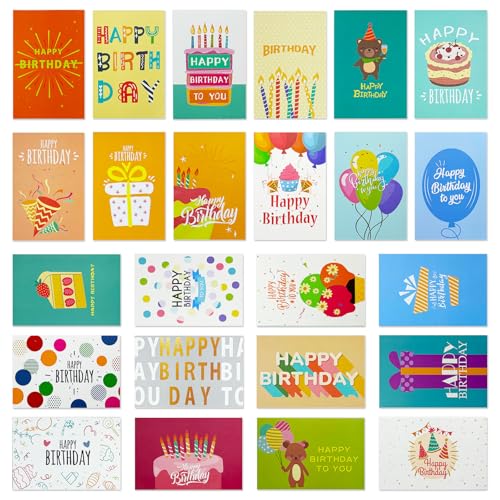 Zyluniy 24 cartões de aniversário, cartão de felicitações holográficas, em sortido, com 24 envelopes e autocolantes, cartões postais de aniversário, cartões de aniversário dobráveis, cartão de