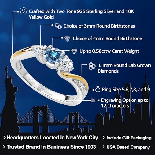 Gem Stone King 925 Sterling Silver and 10K Yellow Gold Customized and Personalized 4MM and 3MM Round Gemstone Birthstone and White Lab Grown Diamond 3 Stone Engagement Ring For Women2