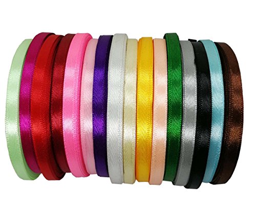 JESEP 16 Rolls 400 Yards Solid Satin Fabric Ribbon Multi-Color Packing for Gift Package Wrapping Hair Bow Clips Accessories, Crafting, Sewing, Wedding, Decorator, etc (1/4