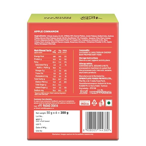 Image of Yogabar Breakfast Protein-Bar Apple Cinnamon - Pack of 6, Wholegrain Low Fat Snacks with Oats and Millets, High in Protein (8g) and Fibre, Gluten Free Granola Bar with Chia and Flax Seeds