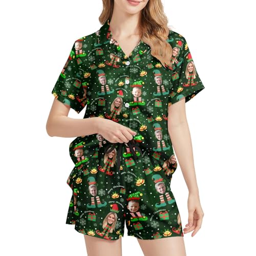 Image of Funny Satin Pajamas Set for Women Button Down Sleepwear Print Pjs Set 2 Piece Short Sleeve Loungewear Gift for Women