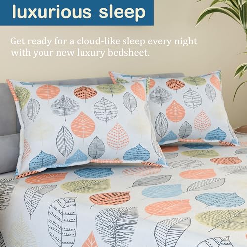 Image of Kuber Industries Cotton 220 TC Double Bedsheet With 2 Pillow Covers | Machine Washable Soft Bedsheet For Living Room, Home & Hotels | Leaf Print - Peach