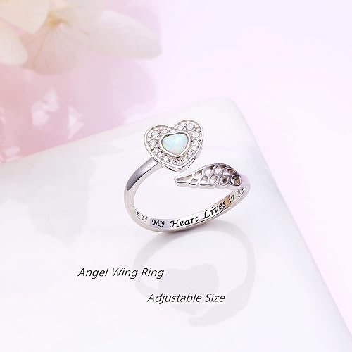 Miniatura 4 de 925 Sterling Silver Angel Wing Ring for Women Girls Memorial Jewelry Love Engraved Message Wrap Open Ring Lap Opal Heart Rings Adjustable Size