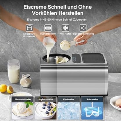 3-in-1 Eismaschine & Joghurtbereiter 2 L, 180 W Eiscrememaschine aus Edelstahl mit Kühl- u. Heizfunktion, hausgemachtes Speiseeis, Selbstkühlender Kompressor kein Vorfrieren, Eis/Joghurt/Gelato/Sorbet – Bild 3