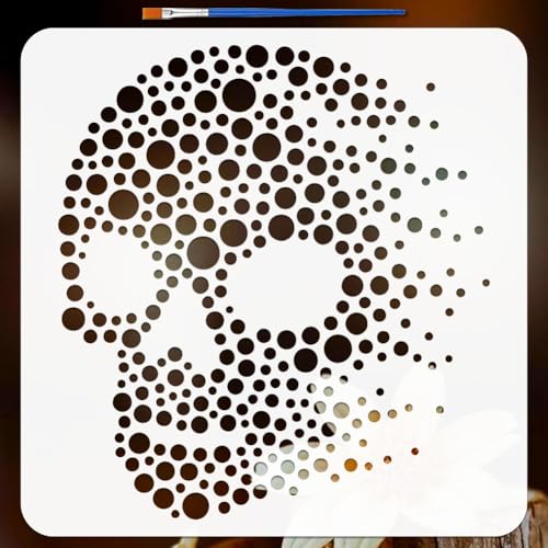 FINGERINSPIRE Dibujo de calavera punteada para colorear con pincel 30 x 30 cm reutilizable plantilla de dibujo de calavera de plástico PET patrón de puntos plantilla de diseño de calavera para pintar