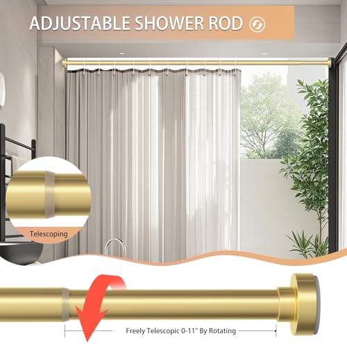 Image of Gold Shower Curtain Rod 34-96 Inches(2.8-8ft) Never Rust Adjustable Shower Rod Spring Tension Non Slip No Drilling Shower Rods for Bathroom Garland Window