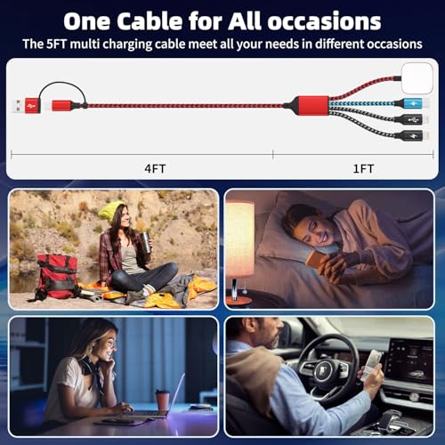 Image of Travel Essentials 4in2 Multi Charging Cable for iPhone Watch Charger,USB A /C to Dual IP /Type C /iWatch Charger,Travel Chargers for Multiple Device Compatible with iWatch Series&iPhone 17-12 /Android 5FT