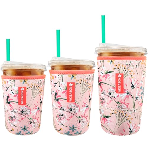 Image of WK IEASON Reusable Iced Coffee Cup Sleeve for Cold Beverages Universal Ice Coffee Sleeve Neoprene Iced Cup Sleeves Cooler Cover 16-32OZ for Cold Drinks, McDonalds, Dunkin Donuts, More (Flower Pink)