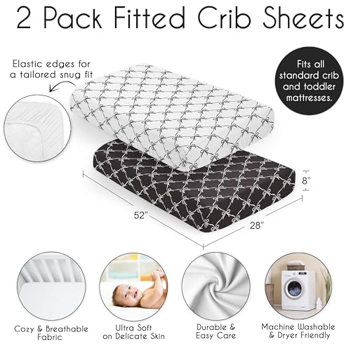 Image of Sweet Jojo Designs 2-Piece Baby Crib Sheets Set (Black and White Bows) for Girls, Infant Nursery, Toddler Room - Fitted, Standard Size (Bow for Shabby, Ballet Dancer, Ballerina Princess Collection)