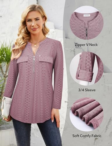 Image of Bulotus 3 /4 Length Sleeve Womens Striped Tops Zipper V Neck Collared Blouses Business Casual Tunics 2026 Spring Trendy