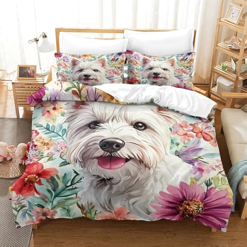 Drap de couette West Highland Terrier floral 260x220 en microfibre 3D