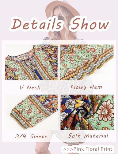 Image of Bluetime Women Casual Summer Dress Boho V Neck 3 /4 Sleeve Babydoll Floral Print Flowy Beach Dress