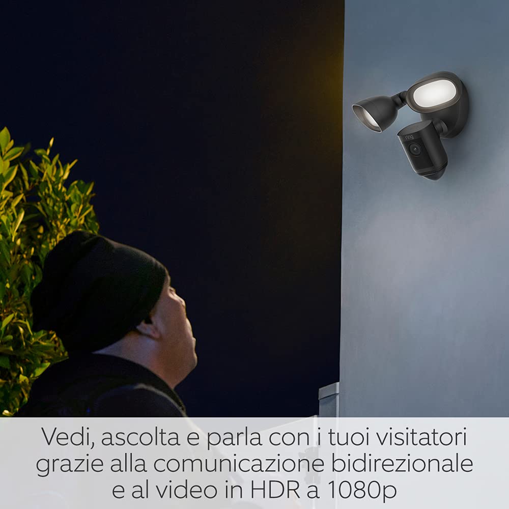 Ring videocamera Pro con proiettori Cablata (Floodlight Cam Wired Pro) |Video 2K con Ring Vision, rilevazione di movimento 3D |Prova gratuita di 30 giorni di Ring Home | 2 telecamere