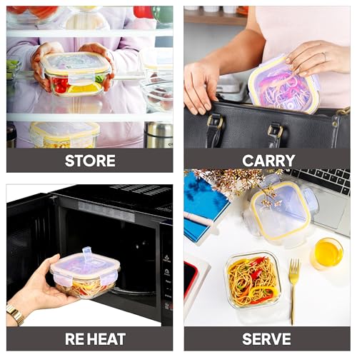 Image of CELLO Fit & Fresh Square Lunch Box Container For Daily Use 320 ml, Clear | Microwave & Fridge Safe Toughened Glass Airtight Leakproof Food Storage Tiffin Box Container For Kitchen, Travel & Office Use