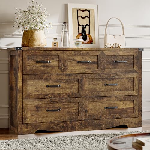 Image of BORNOON 7-Drawer Dresser for Bedroom, Modern Wooden Chest of Drawers with Metal Handles, Anti-Tipping Design, Sturdy and Stable Storage Organizer for Living Room, Entryway, Home Office