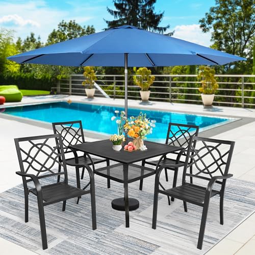 Image of SUNCROWN 6-Piece Outdoor Wrought Iron Chairs and Table Patio Dining Furniture Set - 4 Stackable Metal Chairs, 1 Steel Slat Bistro Table and 1 Dark Blue 9Ft Patio Umbrella for Garden Backyard Deck