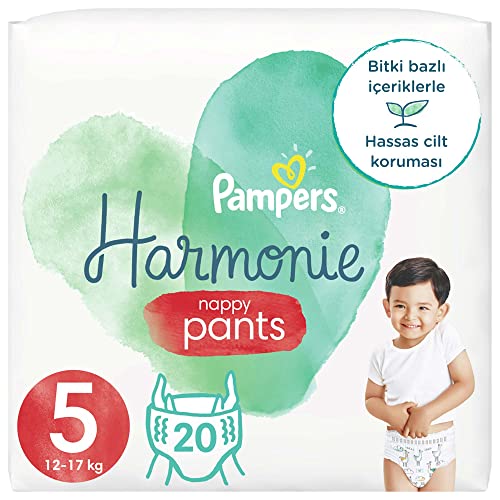 Pampers Pantaloni per pannolini taglia 5 (12-17 kg), armonia, 20 pannolini, protezione per la pelle delicata e ingredienti di origine vegetale