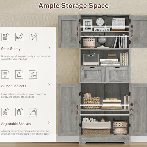 Image of TEENFON 57.8 inch H Tall Storage Cabinet with 2 Drawers & 2 Adjustable Shelves, Bathroom Storage Cabinet with 4 Doors, Floor Cupboard, for Living Room, Dining Room, Entryway, Woodgrain Gray