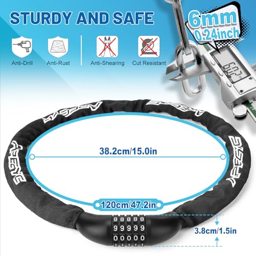Image of APECYC Bike Lock, 3 /4 /5 /6FT Heavy Duty Anti Theft 5-Digit Combo Chain Lock | Resettable Combination Bicycle Lock, Keyless and Long Security Chain Lock for E-bike, Scooter, Bike Rack, Commuting & Outdoor