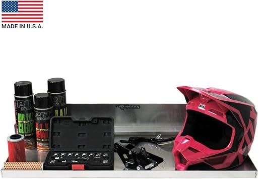 Pit Posse 610 Work Station Fold Down Flip Out Tray Shelf Cabinet 32 Tool Holder - Made in USA - Garage Enclosed Cargo Race Trailer Automotive Shop Accessory Aluminum Storage Organizer (Silver)
