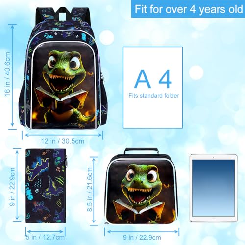 Image of 3Pcs Dinosaur Backpack for Boy, 16 inch Bookbag for Elementary Preschool Kindergarten, Kids School Backpacks with Lunch Box (Black)