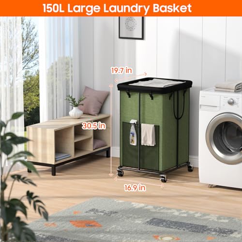 Image of 150L Laundry Hamper with Wheels, Rolling Laundry Basket with Metal Frame and Removable Bag, Large & Tall Dirty Clothes Hampers for Bedroom Aesthetic, Laundry Room, Bathroom, Dorm-Green