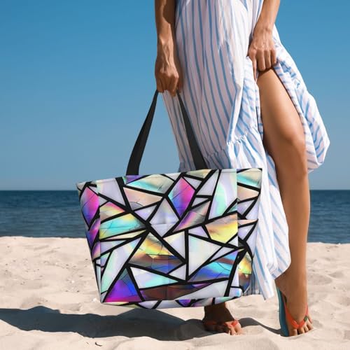 Bolso de playa grande impermeable y resistente a la arena con estampado geométrico iridiscente, tipo tote con cremallera, para mujeres miniatura 2