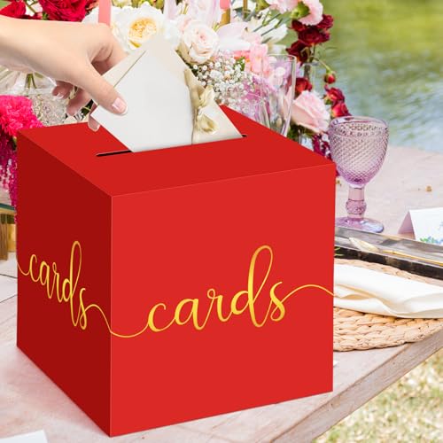 Image of Hooqict Red Gift Card Box with Slot 9.1 inch Gold Foil Card Box for Party, Graduation, Wedding Reception, Birthday, Christmas, New Year, Raffle Ticket Money Envelope Holder