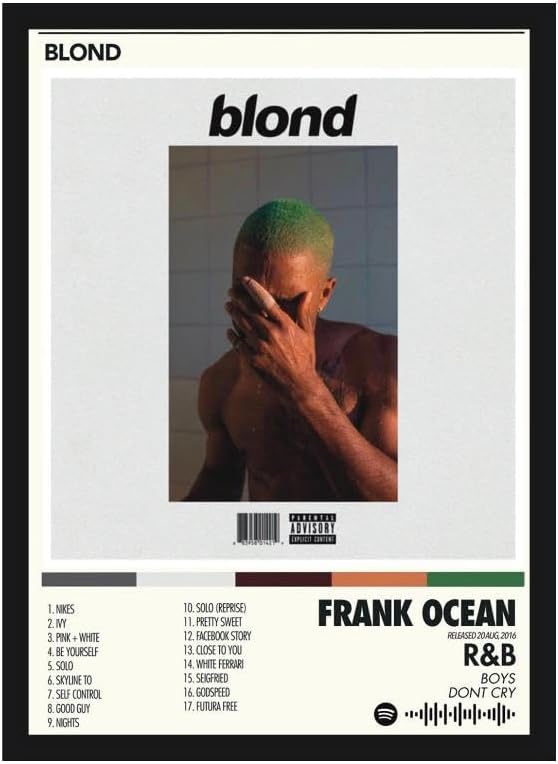 - Frank Ocean Blond Album Cover Poster | 8x12 Inch (A4) Framed Wall Art with Spotify Song QR Code | Room Decor & Gift for Music Fans | Aesthetic Bedroom Print