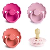 FRIGG Multipack Fopspeen van latex, 4 stuks, natuurlijk rubber, gemaakt in Denemarken, symmetrische speen met kersenvorm, roze (Rosy Romance, maat 1, 0-6 maanden)