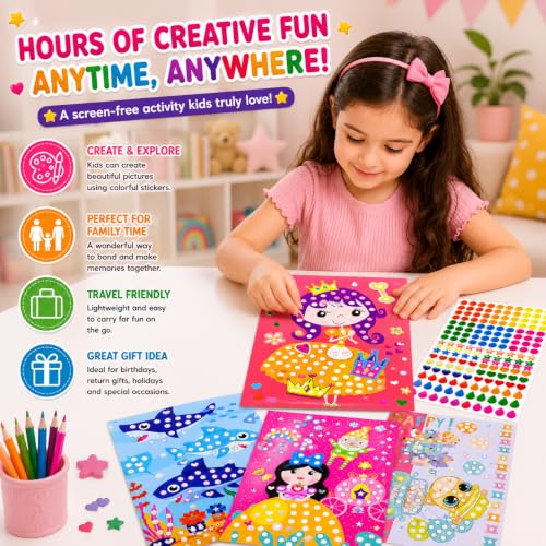 Image of PLUSPOINT Dot Sticker Art Kit for Kids, 6 Cartoon Cardboard Boards & 6 Color Sticker Sheets, DIY Mosaic Sticker Craft Activity Set, Fine Motor Skills Learning Toy, Birthday Gift for Kids Age 3+ Years