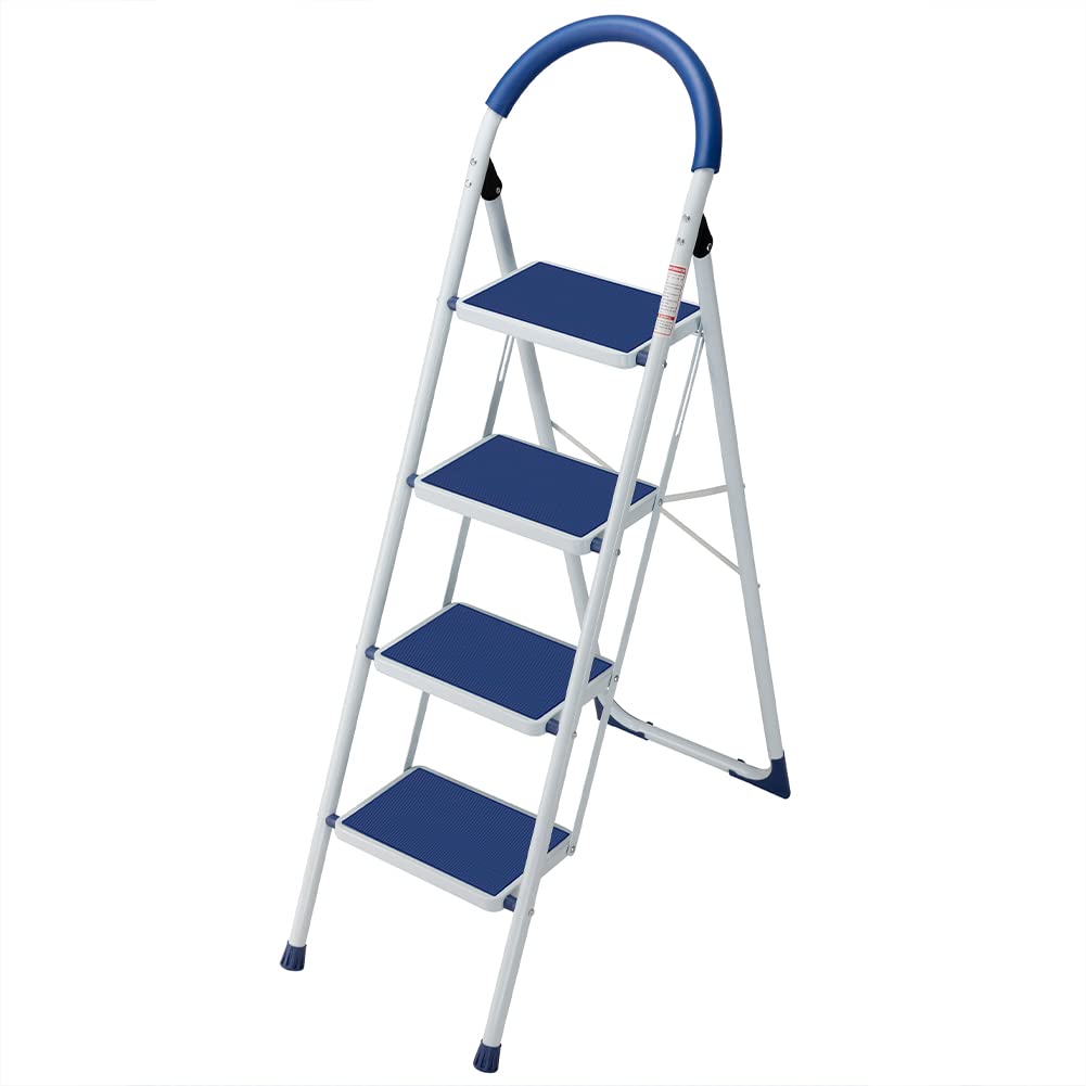 Bakaji Scala Scaletta Pieghevole Salvaspazio con Gradini Antiscivolo e Maniglione di Sicurezza Sgabello Scaletto Struttura in Acciaio e Rivestimento in Gomma Portata massima 150kg (4 Gradini Blu)